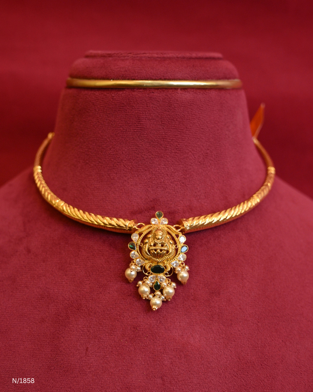 Lakshmi Temple Motif Pendant Kanti with Emeralds & Pearl Drops | SKU: N/1858