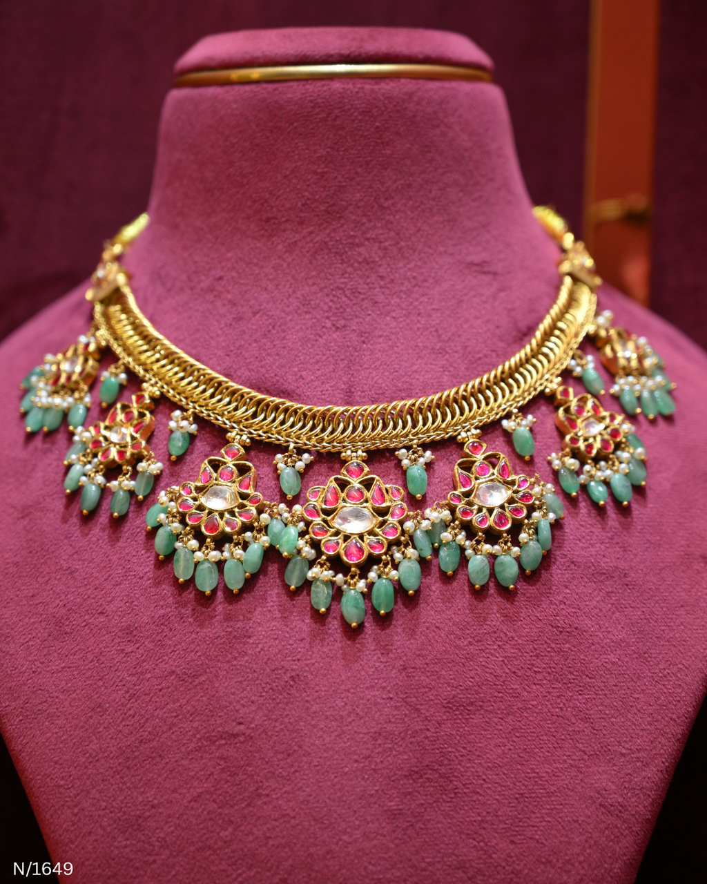 Jadau Polki, Ruby & Mint-Green Bead Dangle Necklace | SKU: N/1649