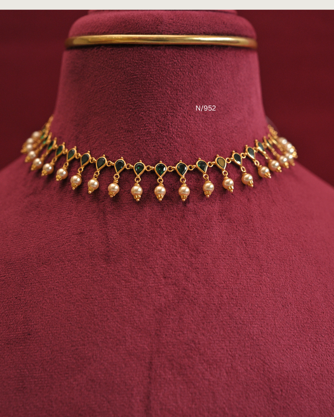 Teardrop Emerald Line Necklace with Cultured Pearl Drops | SKU: N/952
