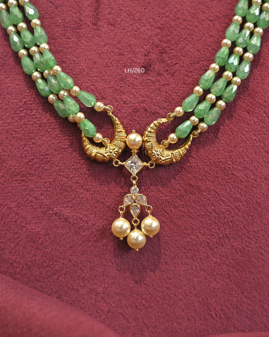 Three-Strand Pearl & Sea Green Emerald Bead Haram with Symmetrical Pearl Cluster Drops| LH/260