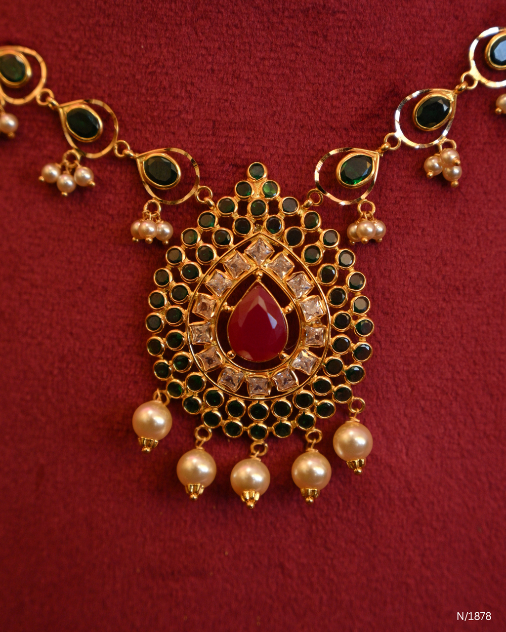 Emerald Cabochon Station Necklace with Teardrop Ruby & CZ Medallion | SKU: N/1878