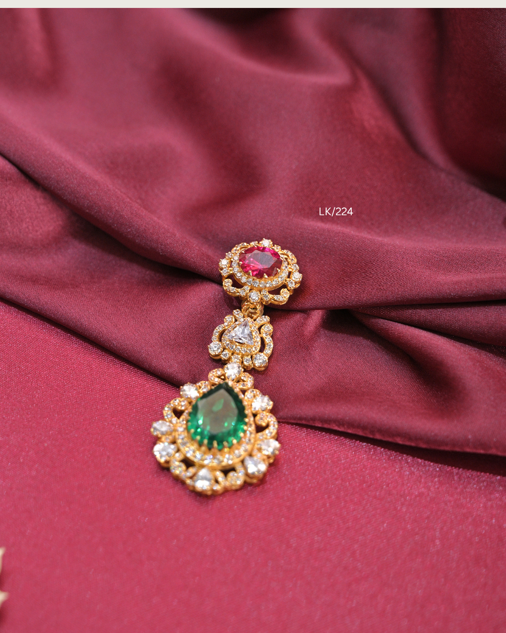 Three-Tier Ruby, Trillion CZ & Teardrop Emerald Halo Pendant | SKU: LK/224