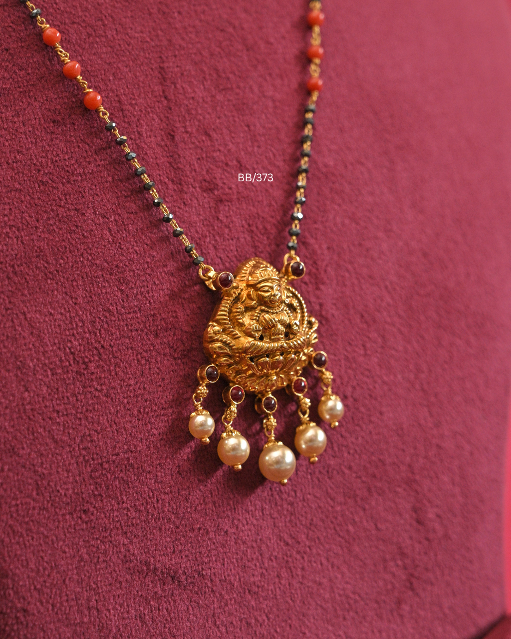 Goddess Lakshmi Temple Pendant Mangalsutra with Coral & Pearl Drops  SKU: BB/373