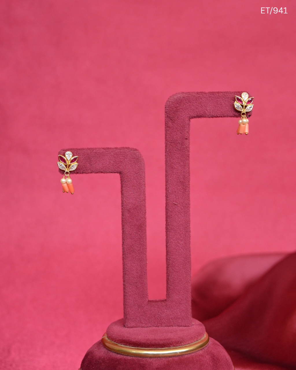 Polki Ruby Coral & Pearl Dainty Stud Earrings | SKU: ET/941