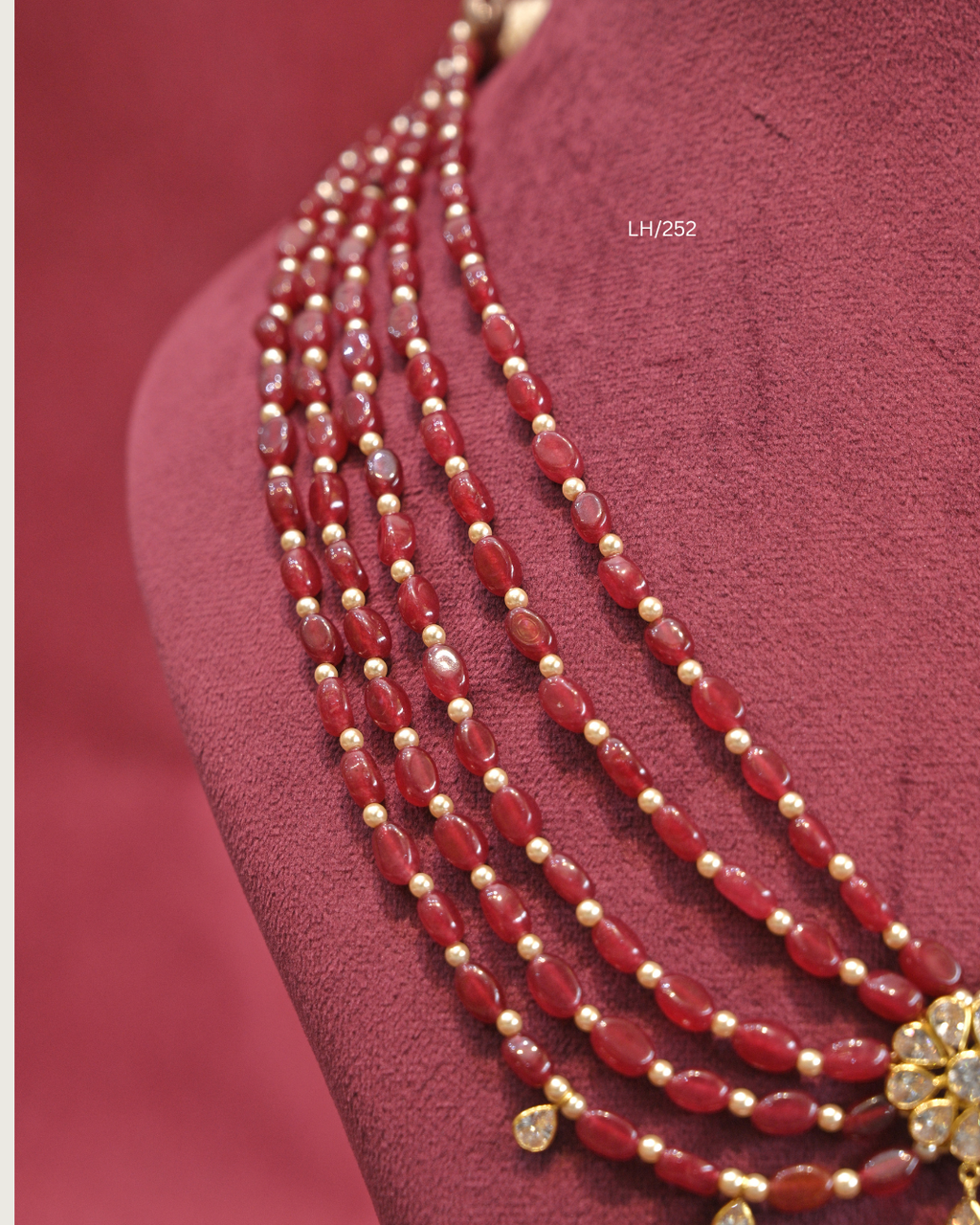 Floral CZ Motif Five-Strand Ruby Oval Bead Layered Haram | SKU: LH/252