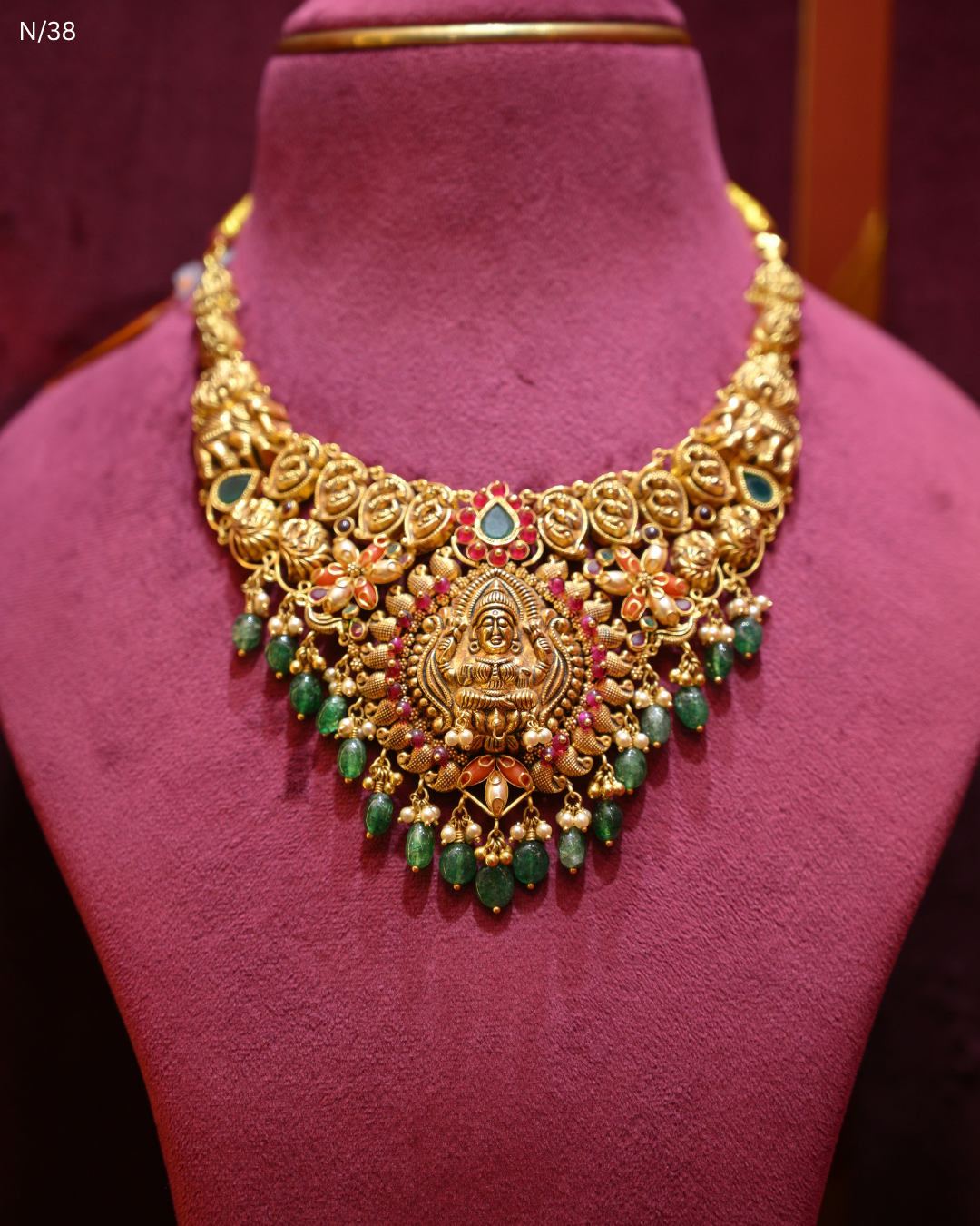 Antique Gold Temple Lakshmi Nakshi & Green Bead Necklace | SKU: N/38