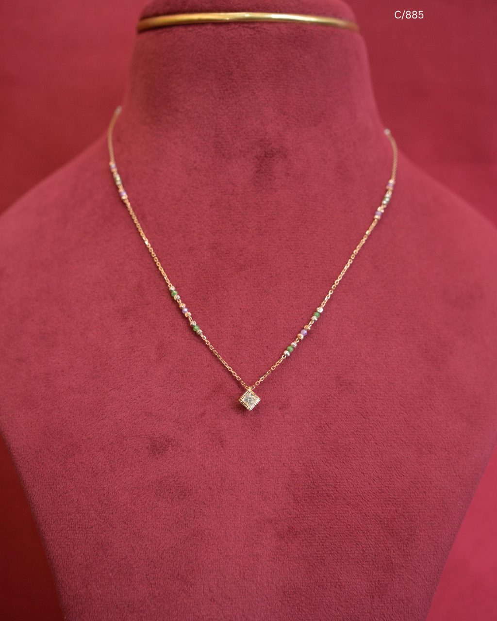Multi-Color Beaded Station Necklace with Cushion Pave CZ Halo Pendant | SKU: C/885
