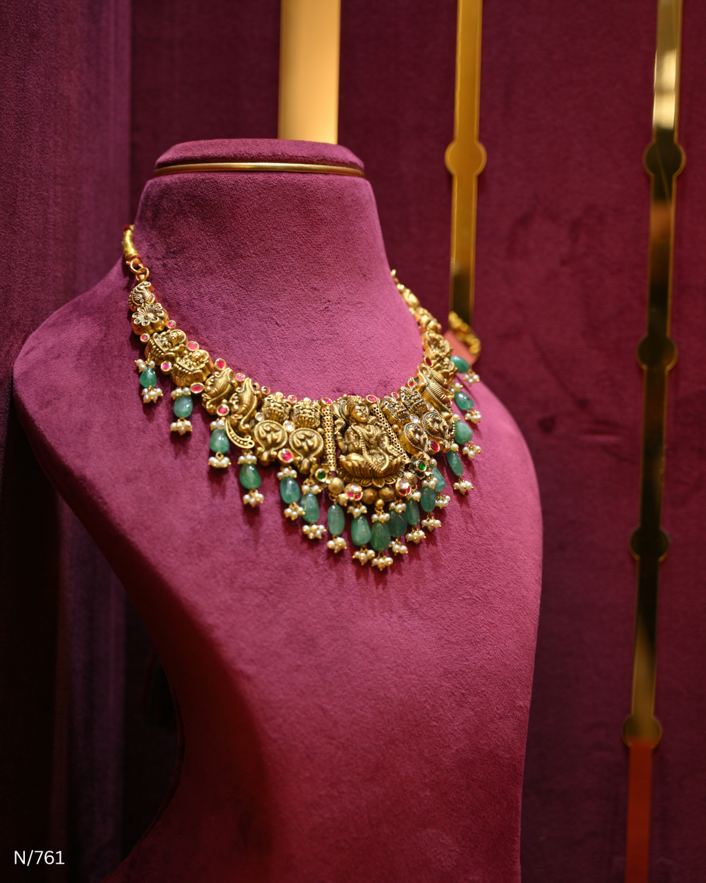 Antique Gold Temple Lakshmi Nakshi & Green Bead Necklace | SKU: N/761