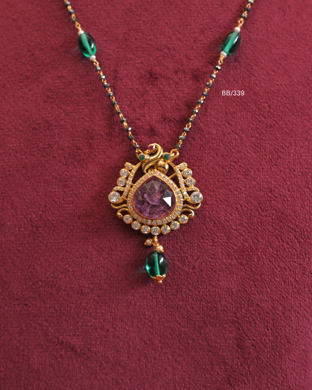 Peacock & Faceted Purple Gemstone Pendant Mangalsutra with Emerald & Pink Station Beads |SKU: BB/339