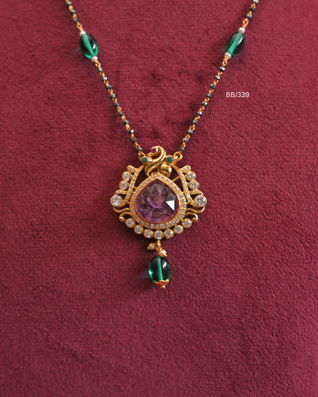 Peacock & Faceted Purple Gemstone Pendant Mangalsutra with Emerald & Pink Station Beads |SKU: BB/339
