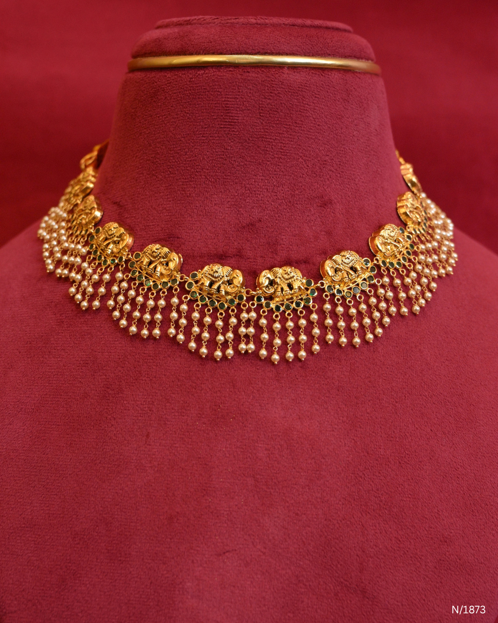 Royal Elephant Temple Choker Necklace with Emerald Accents & Cascading Pearl Fringe | SKU: N/1873