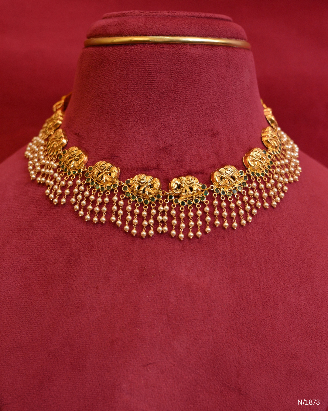 Royal Elephant Temple Choker Necklace with Emerald Accents & Cascading Pearl Fringe | SKU: N/1873