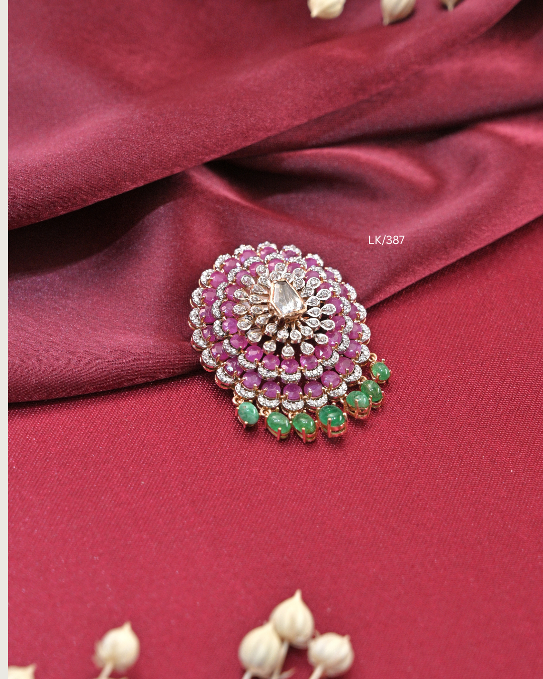 Concentric Ruby & CZ Sunburst Mandala Pendant with Emerald Drops | SKU: LK/387