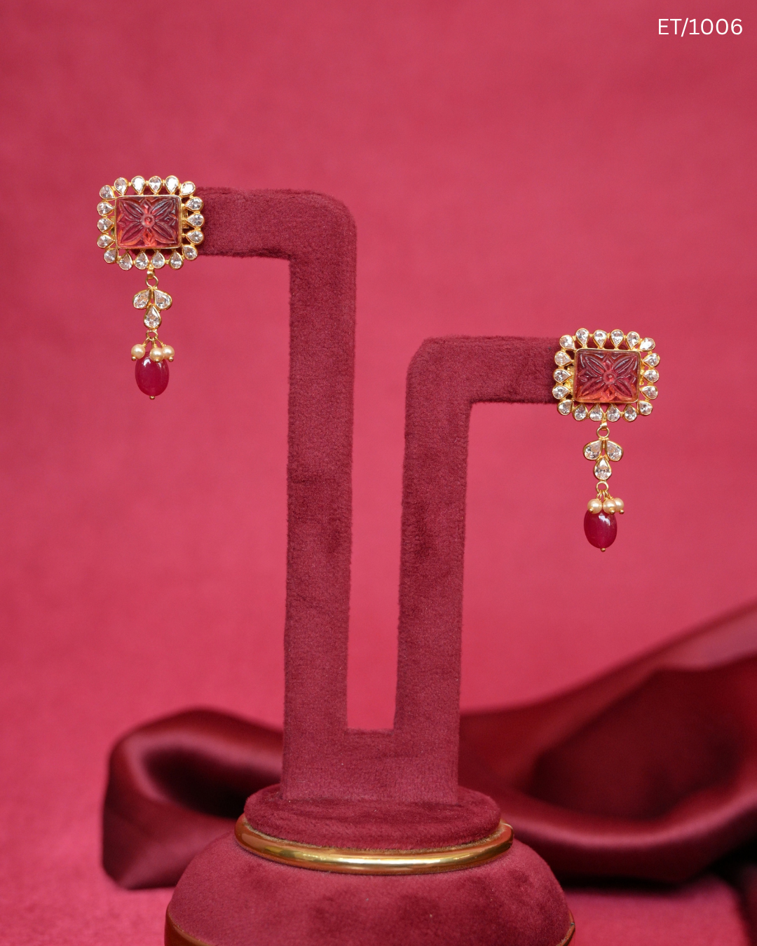 Polki & Carved Ruby Gemstone Drop Earrings | SKU: ET/1006