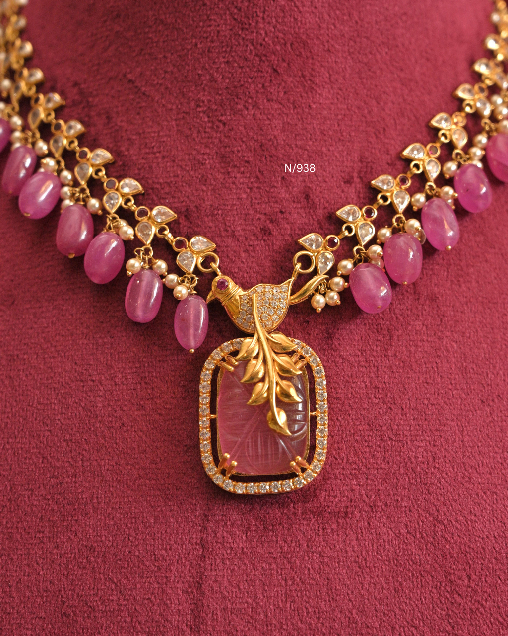 Carved Pink Gemstone Tablet & CZ Peacock Necklace with Pink Oval Bead Drops |SKU: N/938