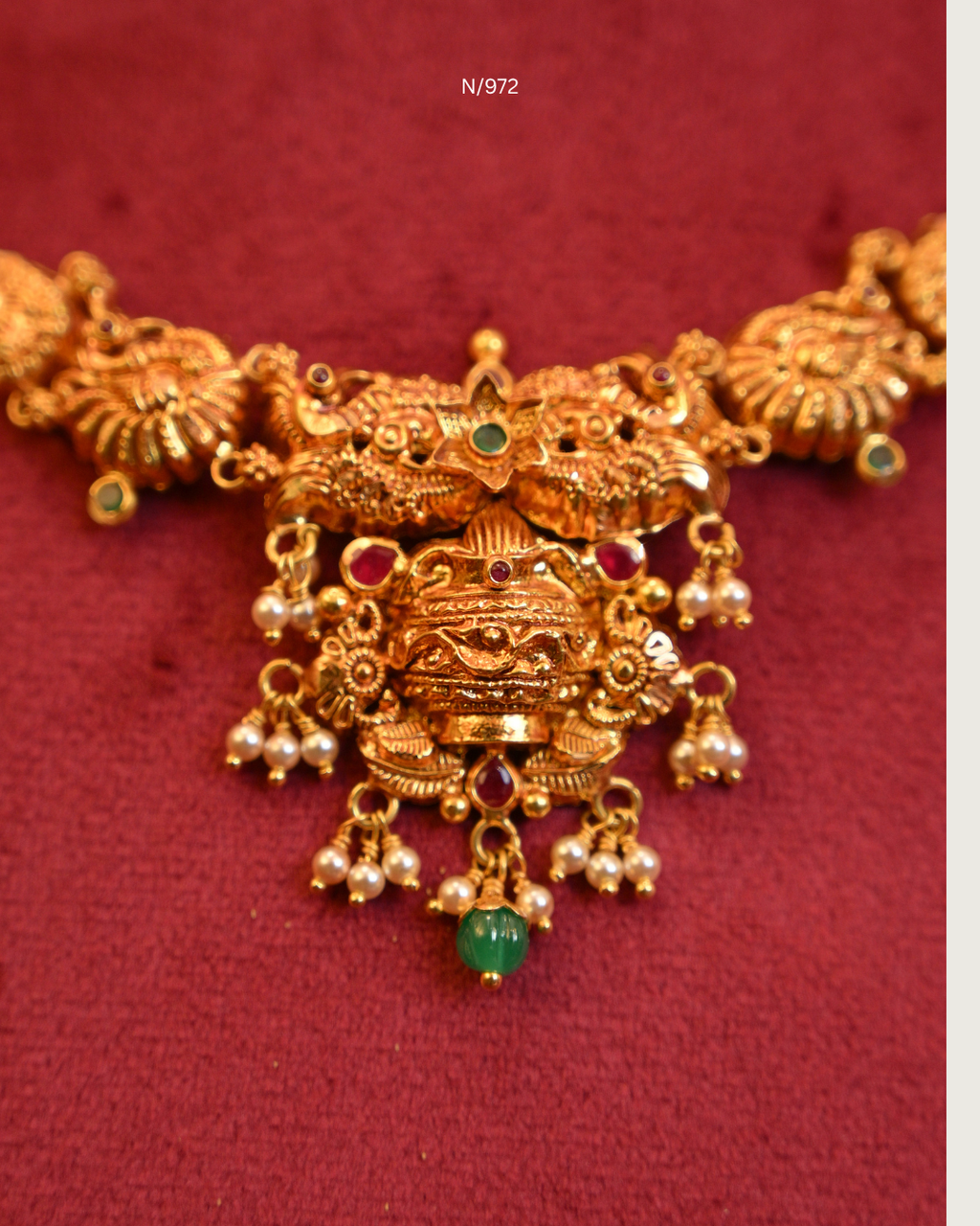 Sacred Kalash & Peacock Nakshi Temple Necklace with Rubies, Emeralds, Seed Pearls & Emerald Drop | SKU: N/972