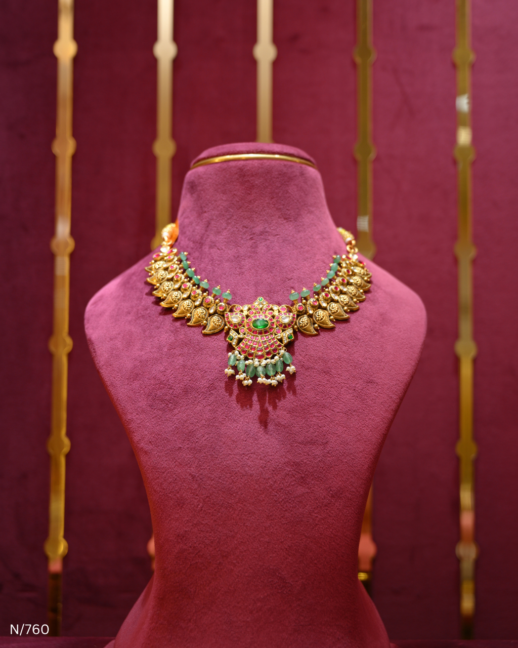 Antique Gold Temple Mango, Ruby & Emerald Choker Necklace | SKU: N/760