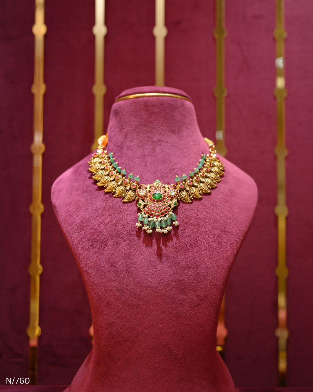 Antique Gold Temple Mango, Ruby & Emerald Choker Necklace | SKU: N/760