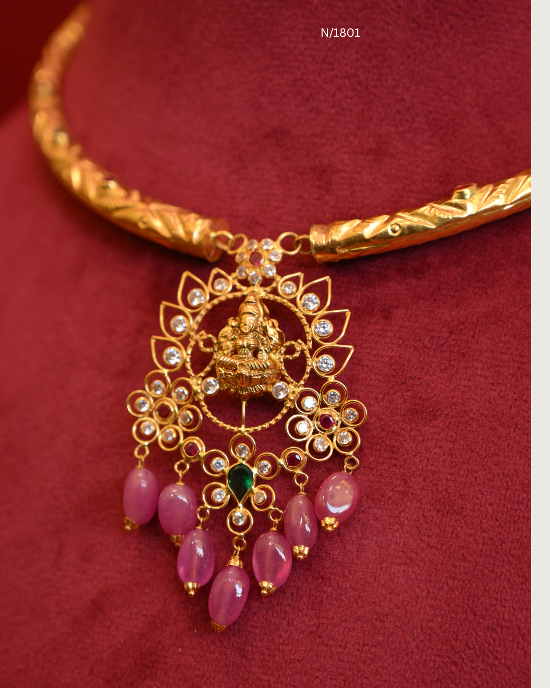 Goddess Lakshmi Nakshi & Floral Openwork Pendant Tubular Hasli Necklace with CZ, Emerald Accent & Pink Ruby Bead Drops | SKU: N/1801