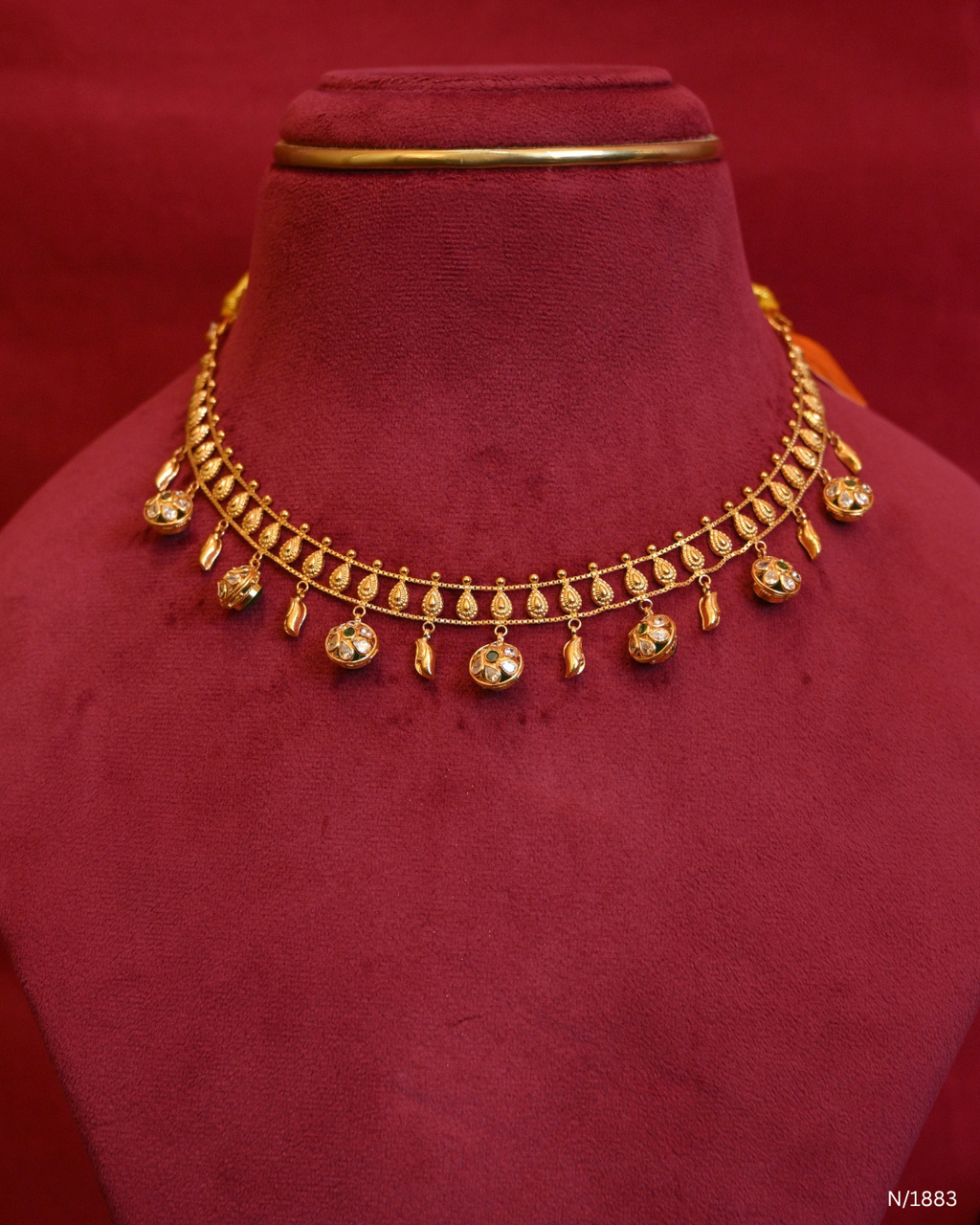 Traditional Mango Motif Choker Necklace with Polki Spherical Ball Drops | SKU: N/1883