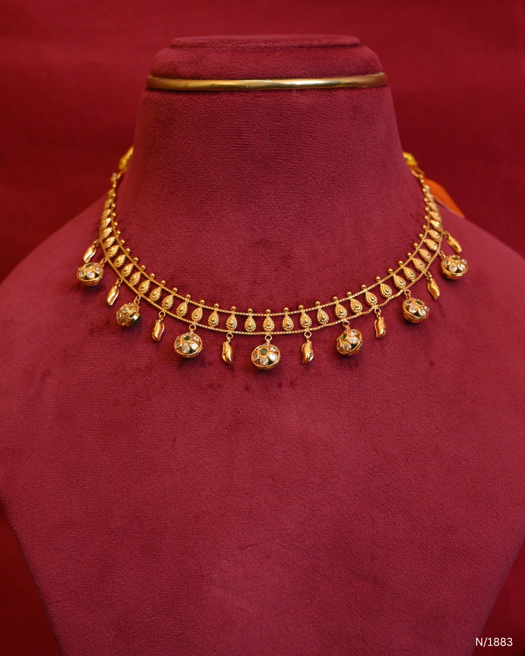 Traditional Mango Motif Choker Necklace with Polki Spherical Ball Drops | SKU: N/1883