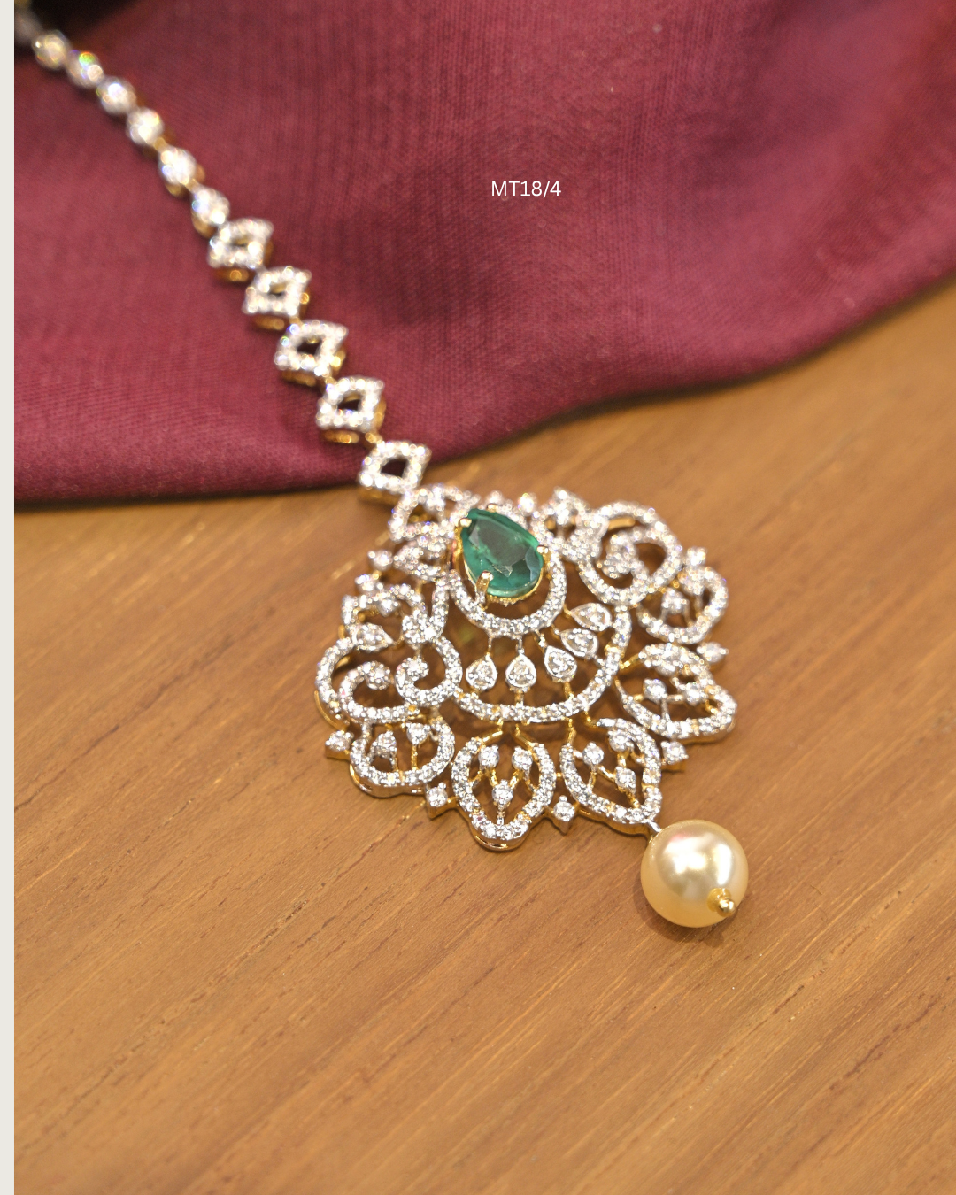 Teardrop Emerald & Floral CZ Lace Medallion Maang Tikka | SKU: MT18/4