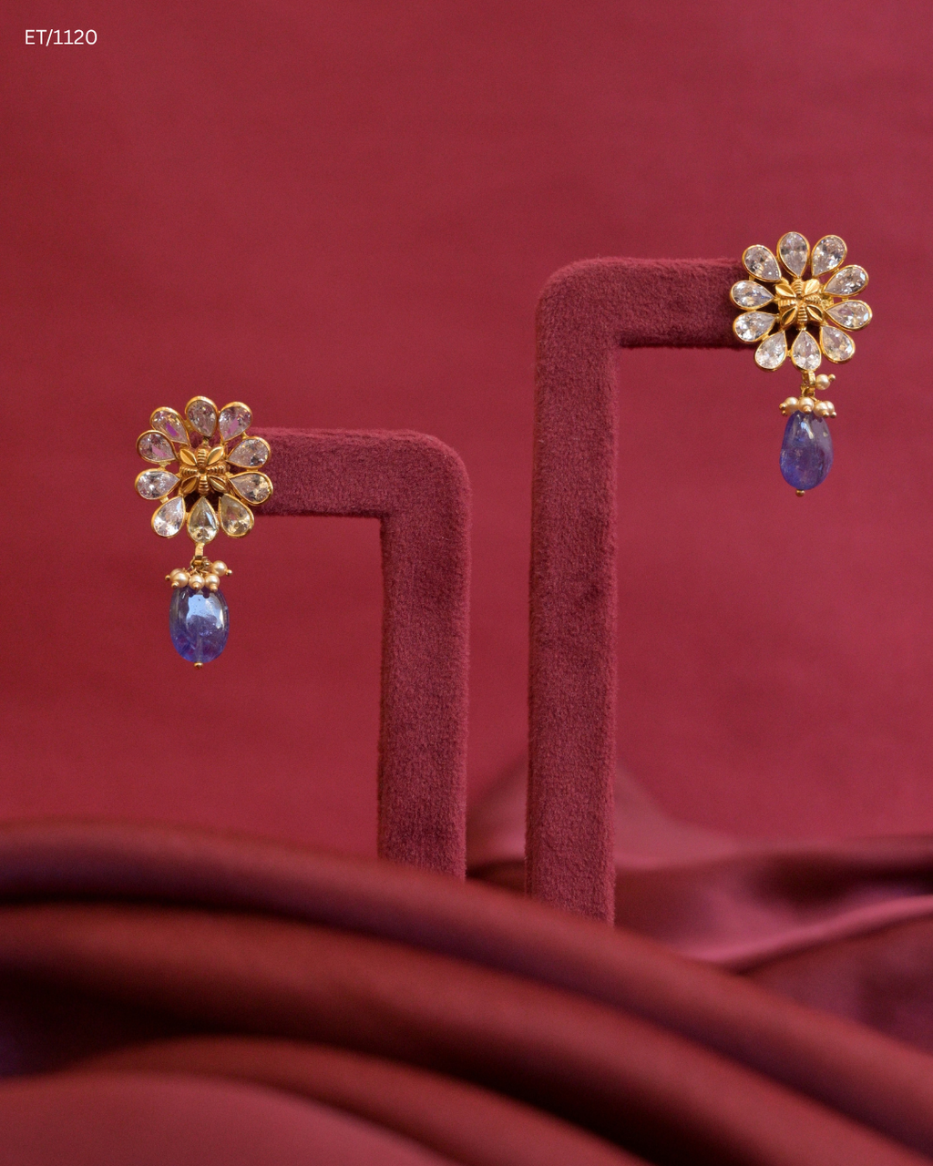 CZ Polki Floral Cluster & Blue Sapphire Teardrop Dangle Earrings | SKU: ET/1120