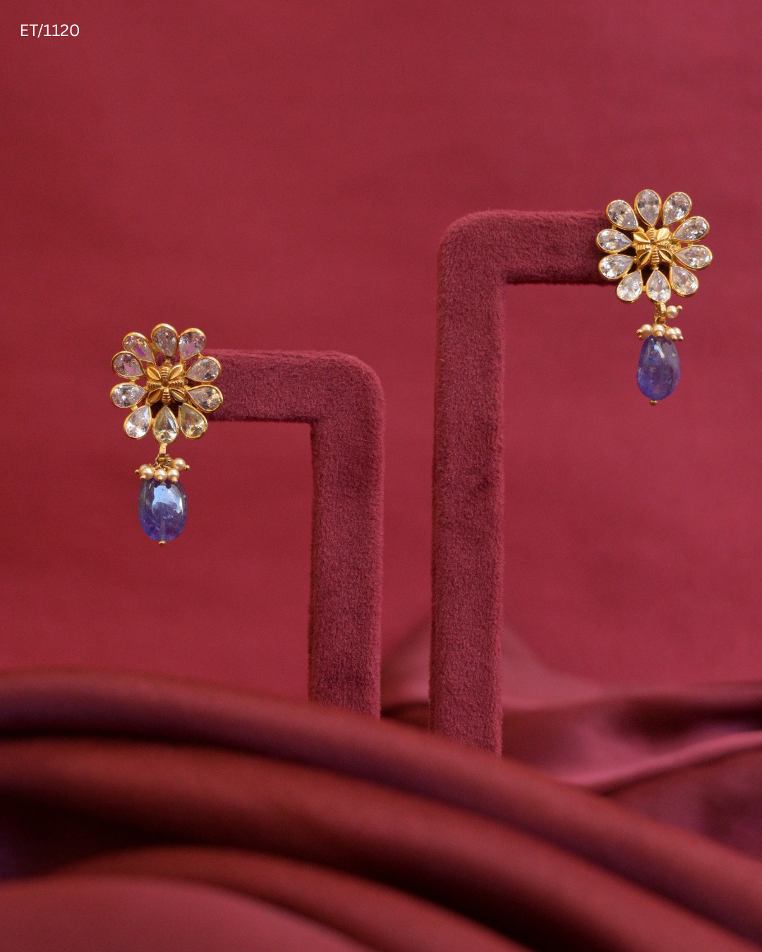 CZ Polki Floral Cluster & Blue Sapphire Teardrop Dangle Earrings | SKU: ET/1120