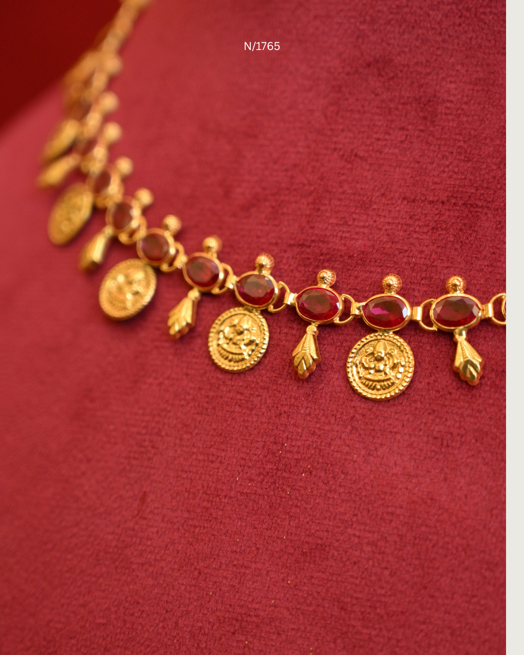 Goddess Lakshmi Kasu (Coin) & Oval Ruby Station Choker Necklace with Gold Leaf Charms | SKU: N/1765