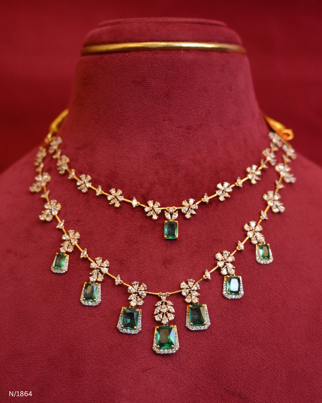 Two-Tier Layered Floral CZ & Rectangular Emerald Drop Statement Necklace | SKU: N/1864