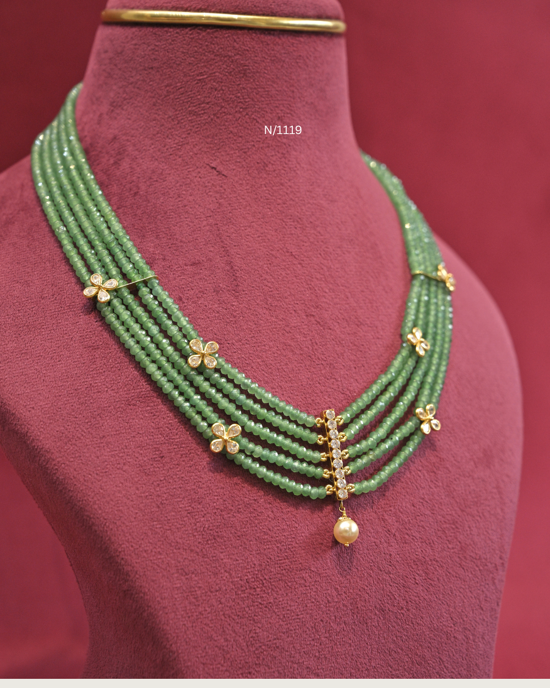 CZ Vertical Bar & Floral Brooch Five-Strand Emerald Bead Step Haram | SKU: N/1119