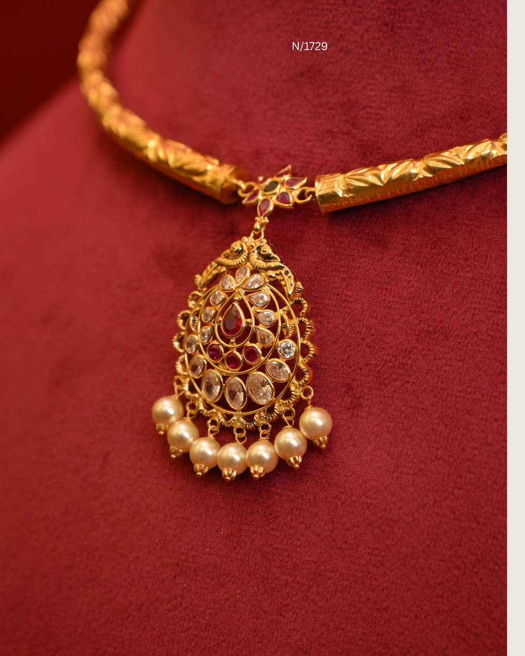 Floral Filigree Teardrop Pendant Tubular Hasli Necklace with Rubies, CZ Polki & Pearl Drops | SKU: N/1724