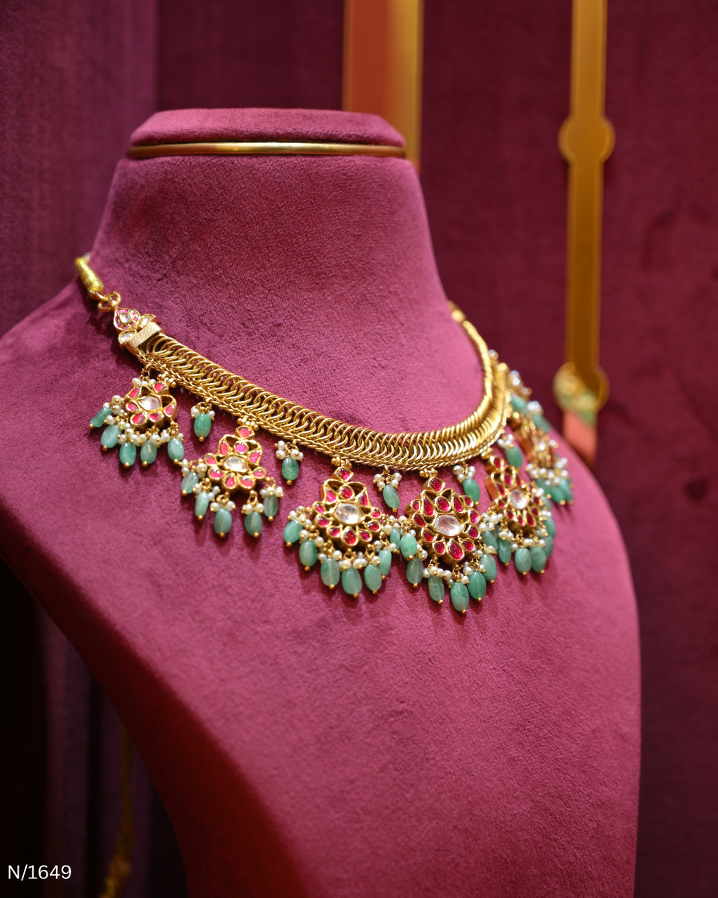 Jadau Polki, Ruby & Mint-Green Bead Dangle Necklace | SKU: N/1649