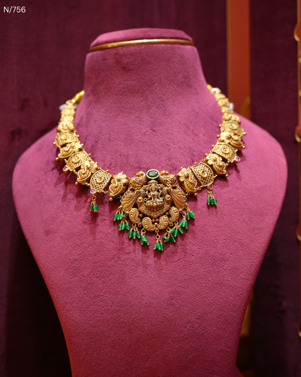 Antique Gold Temple Lakshmi & Green Bead Necklace | SKU: N/756