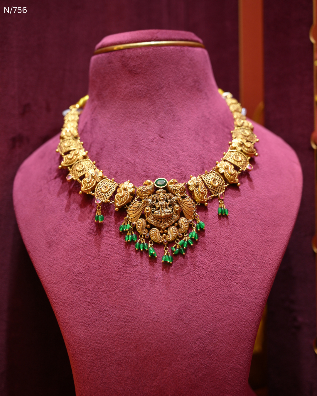 Antique Gold Temple Lakshmi & Green Bead Necklace | SKU: N/756
