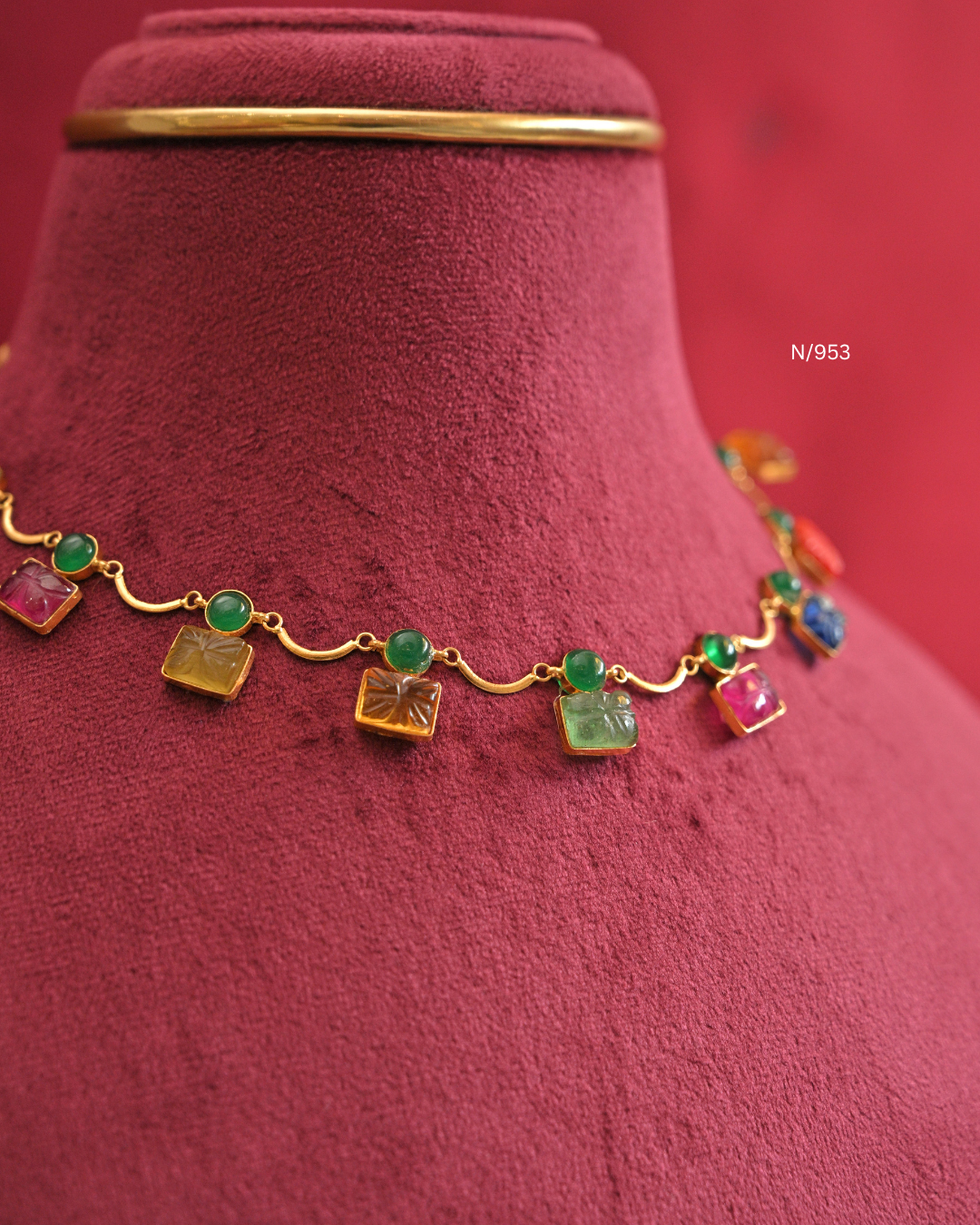Carved Square Navratna Gemstone Drop Necklace | SKU: N/953