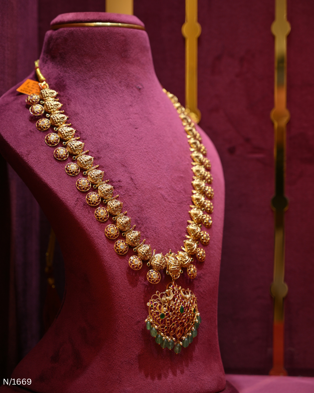 Antique Gold Temple Mango & Nakshi Bridal Long Haram | SKU: N/1669