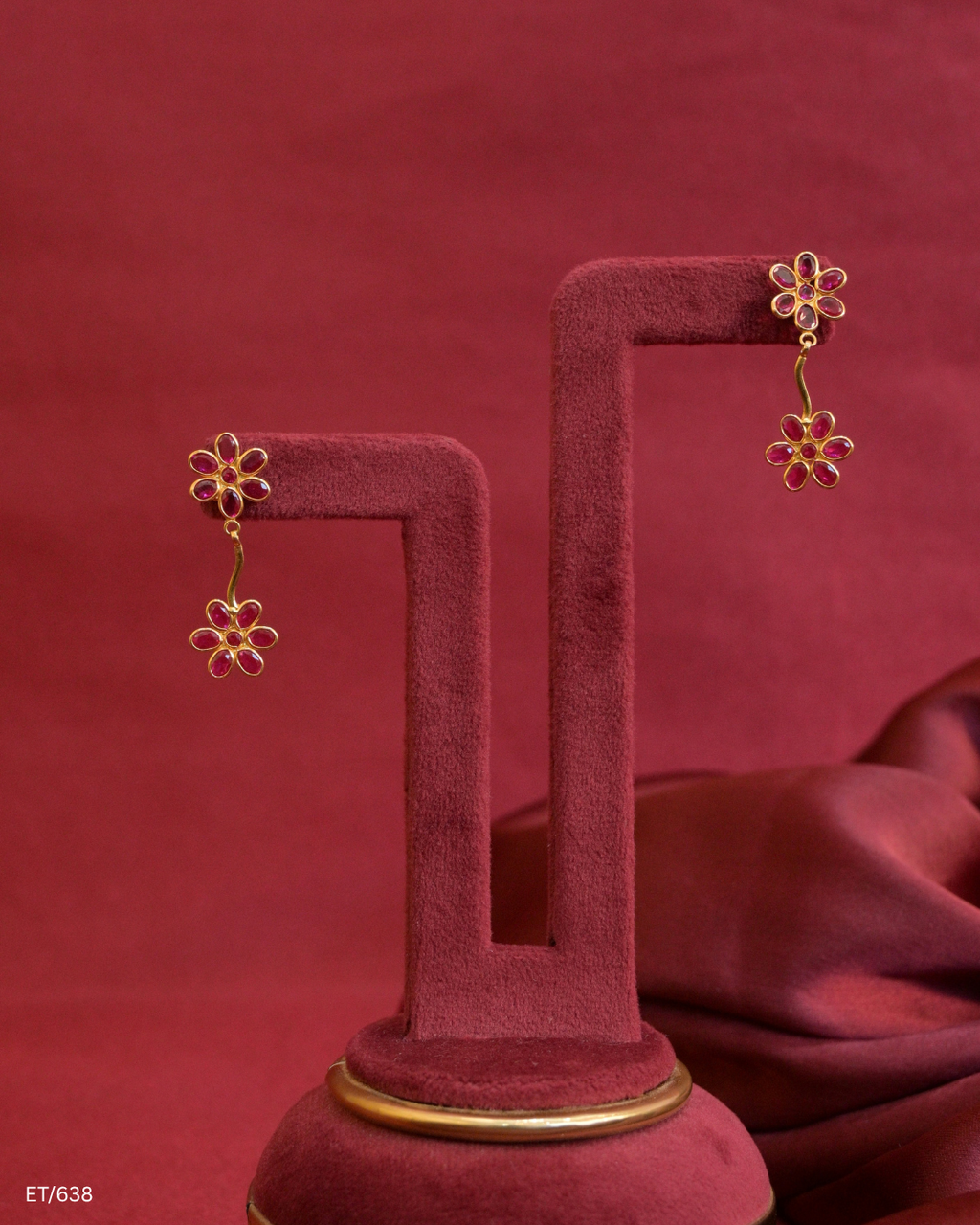 Double Floral Ruby Cluster Dangle Earrings | SKU: ET/638