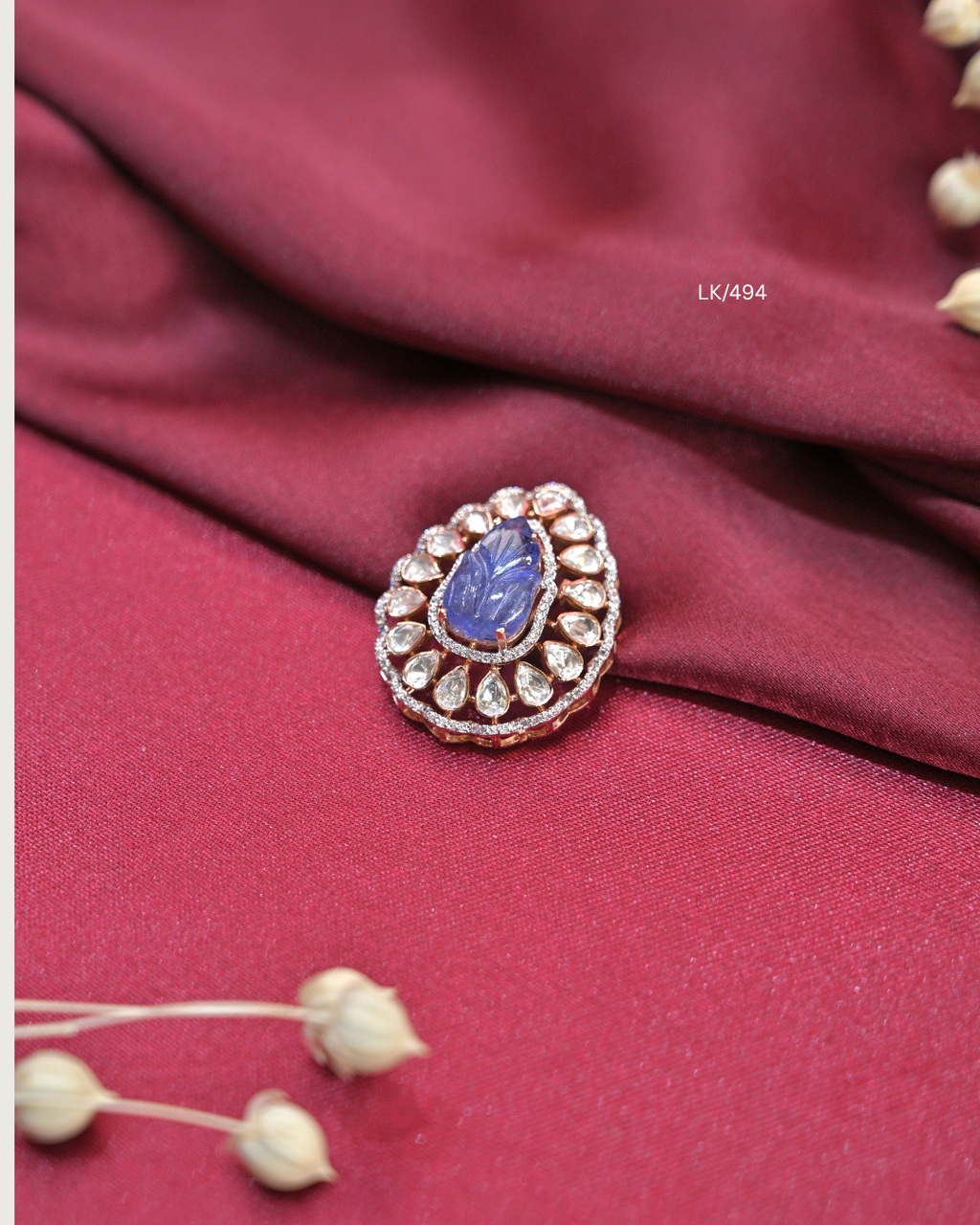 Carved Tanzanite Leaf & Polki-Style CZ Halo Medallion Pendant | SKU: LK/494