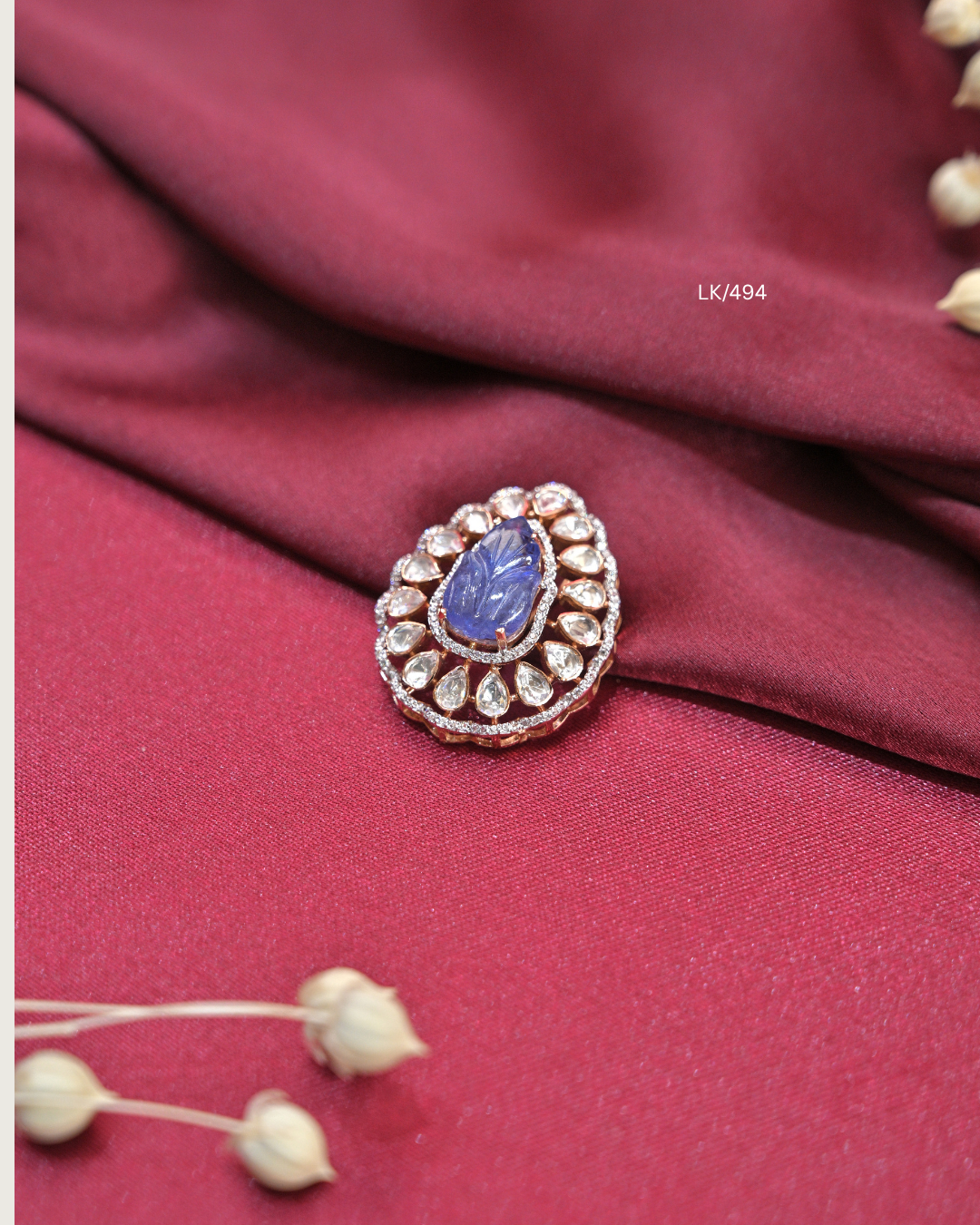 Carved Tanzanite Leaf & Polki-Style CZ Halo Medallion Pendant | SKU: LK/494