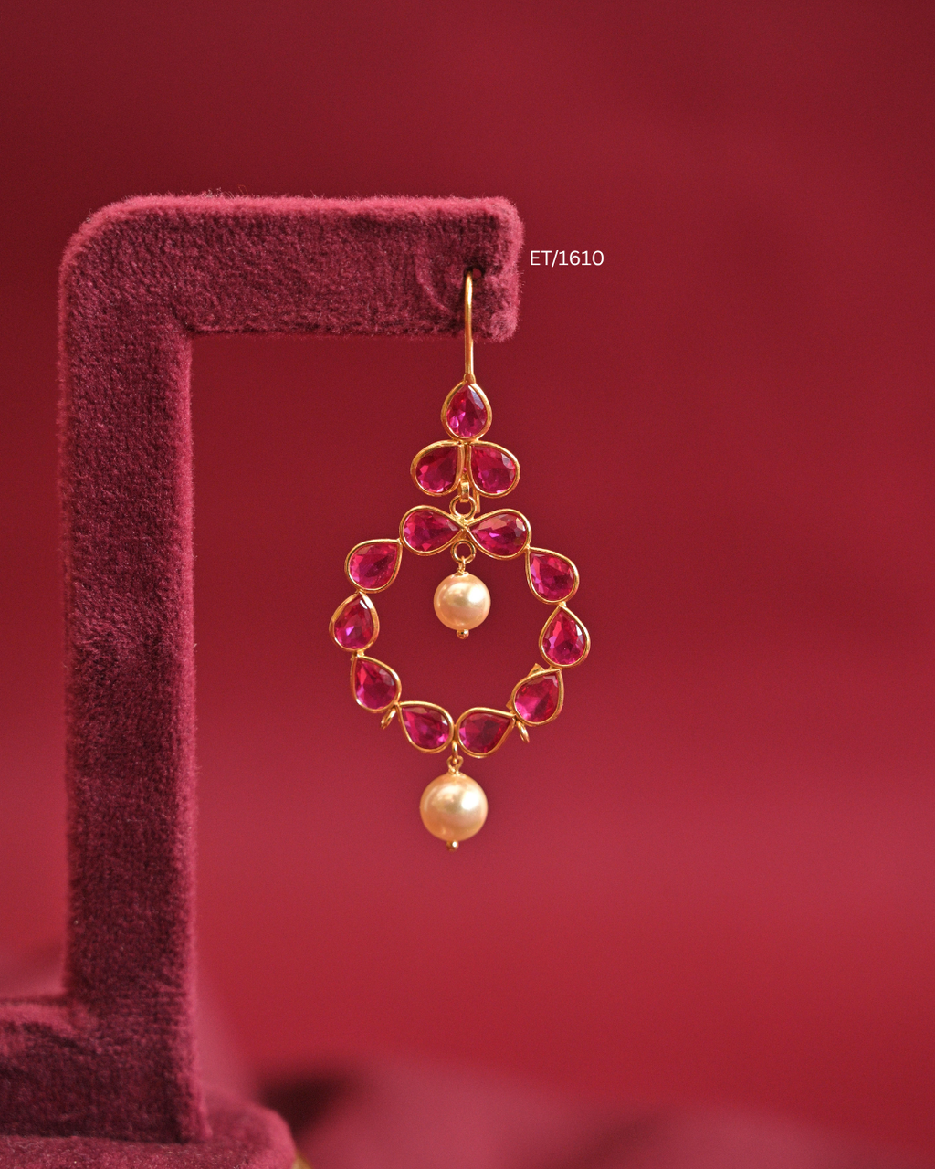 Circular Ruby Bezel Frame Drop Earrings with Cultured Pearls |SKU: ET/1610