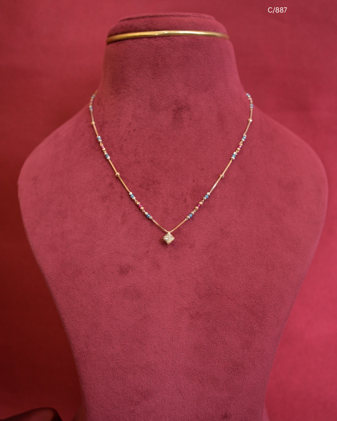 Multi-Color Beaded Station Necklace with Cushion Pave CZ Halo Pendant | SKU: C/887
