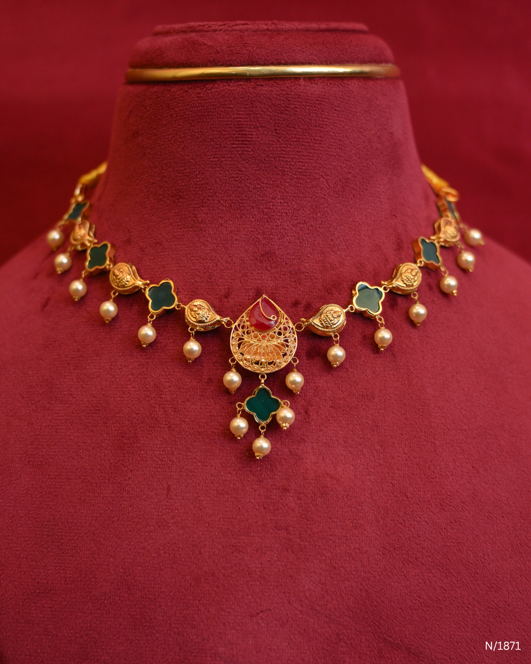 Goddess Lakshmi Temple Necklace with Green Enamel Mango Stations, Polki/CZ Accents & Hanging Pearls | SKU: N/1871