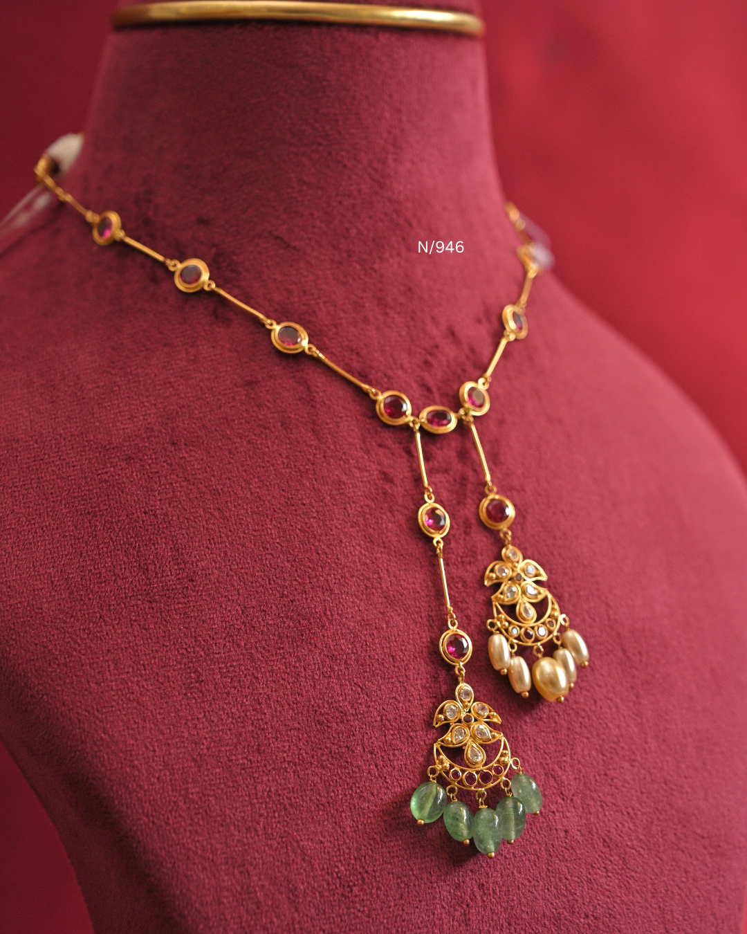 Ruby Station Lariat Necklace with Asymmetrical Pearl & Emerald Chandbali Drops |SKU: N/946