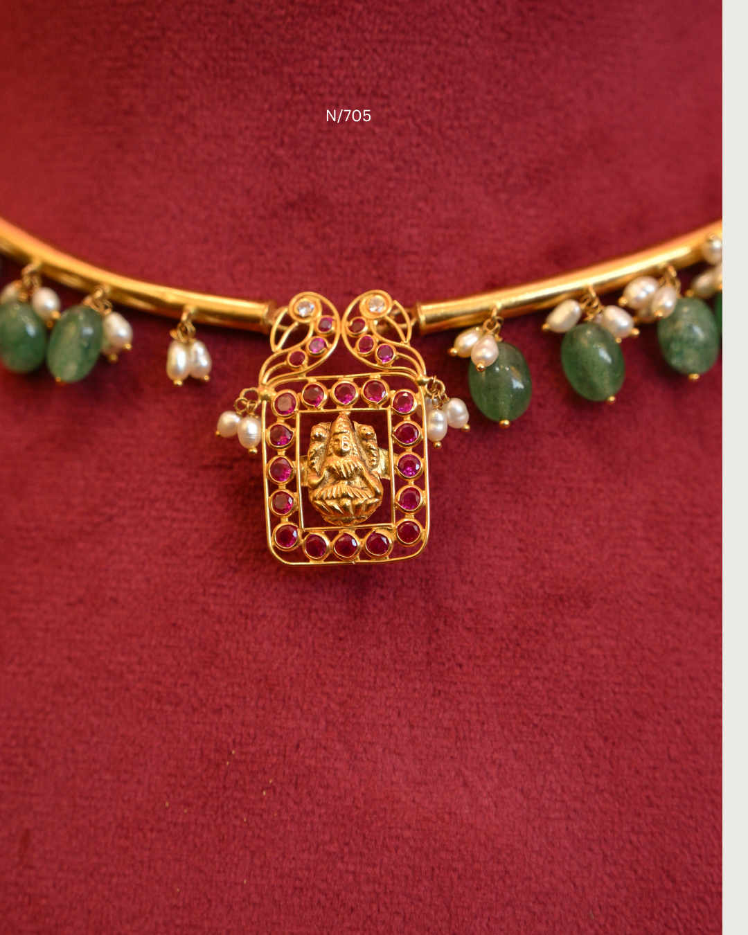Goddess Lakshmi Nakshi Square Ruby Pendant Tubular Hasli Necklace with Emerald Bead & Pearl Drops | SKU: N/705