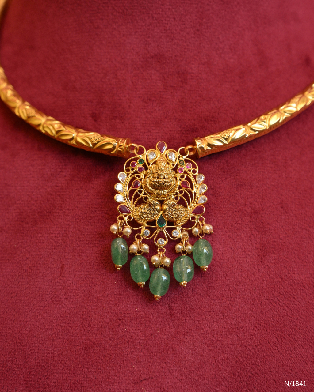 Temple Motif Openwork Pendant Kanti with Green Emerald Bead Drops | SKU: N/1841