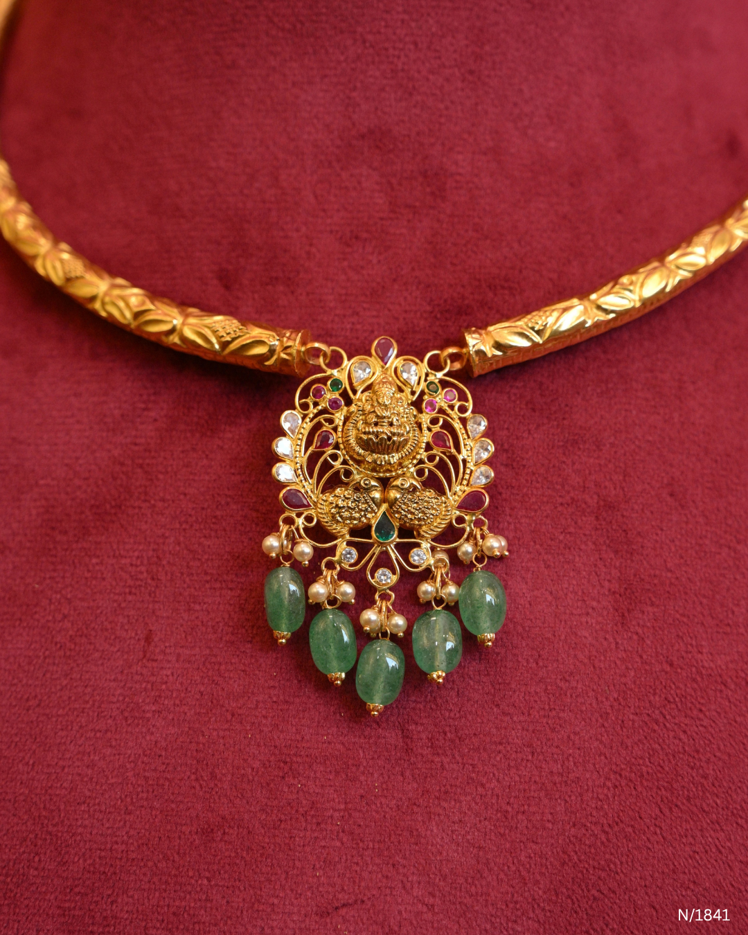 Temple Motif Openwork Pendant Kanti with Green Emerald Bead Drops | SKU: N/1841