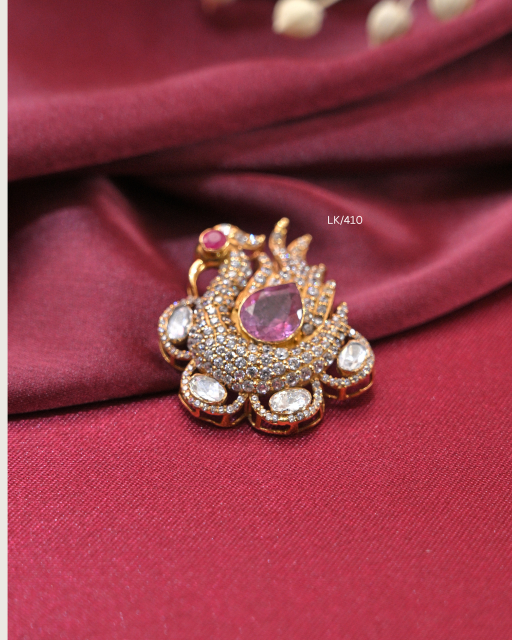 Antique Sculpted Peacock & Cambodia Ruby CZ Pendant | SKU: LK/410
