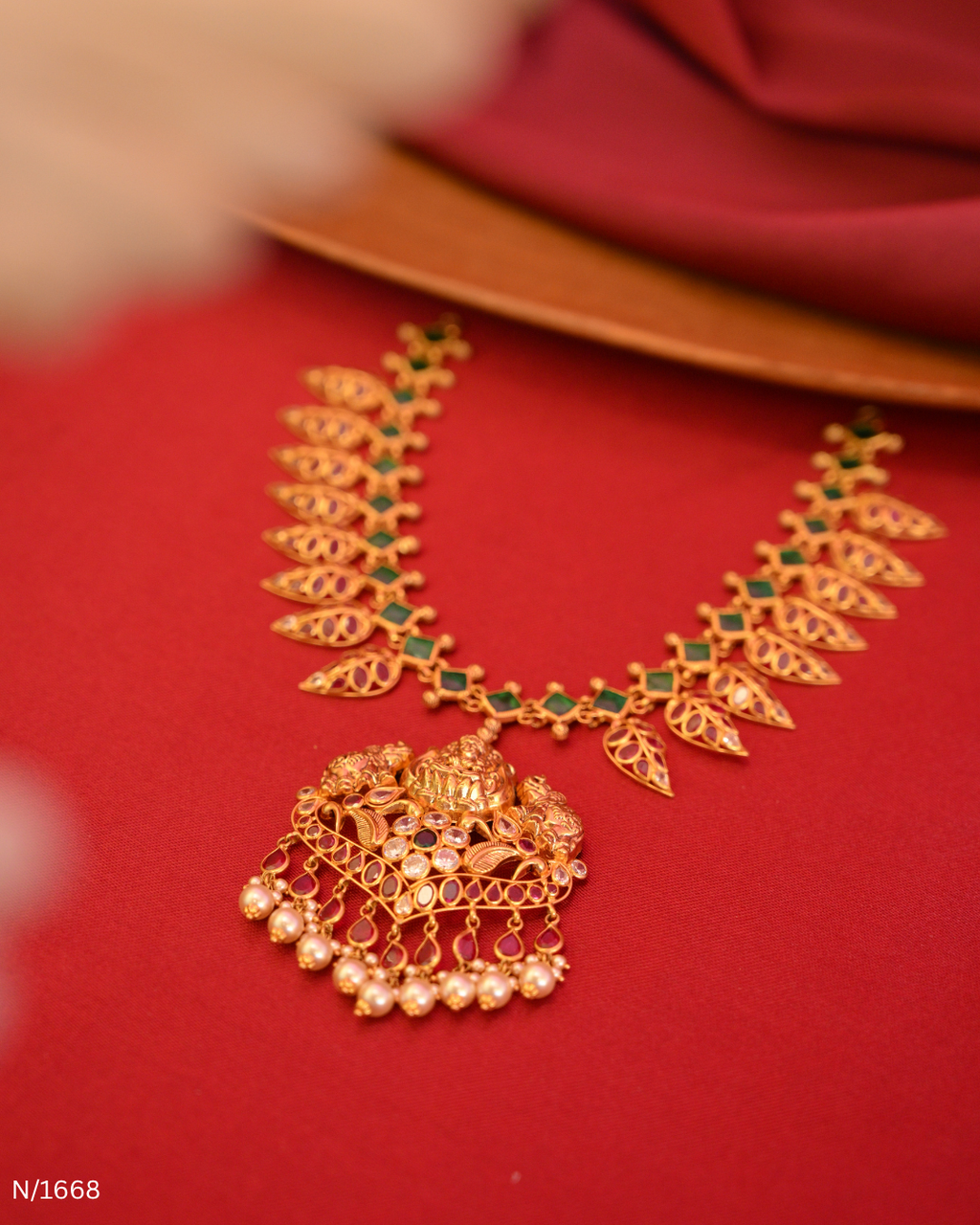 Goddess Lakshmi Nakshi Temple Pendant Necklace with Emerald Links & Ruby Mango Fringe |SKU: N/1668