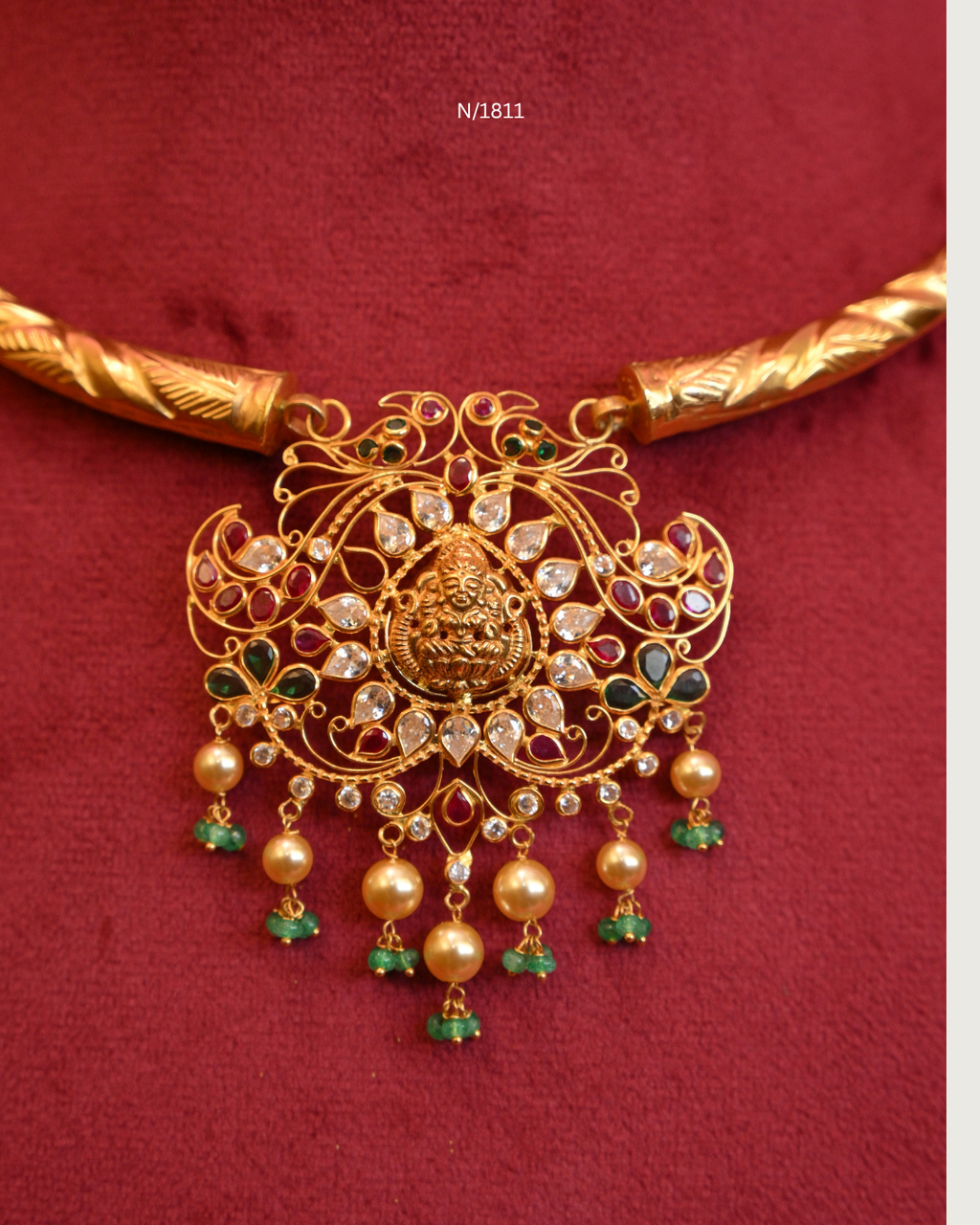 Goddess Lakshmi & Twin Peacock Nakshi Pendant Tubular Hasli Necklace with Rubies, Emeralds, CZ & Pearl Drops | SKU: N/1811